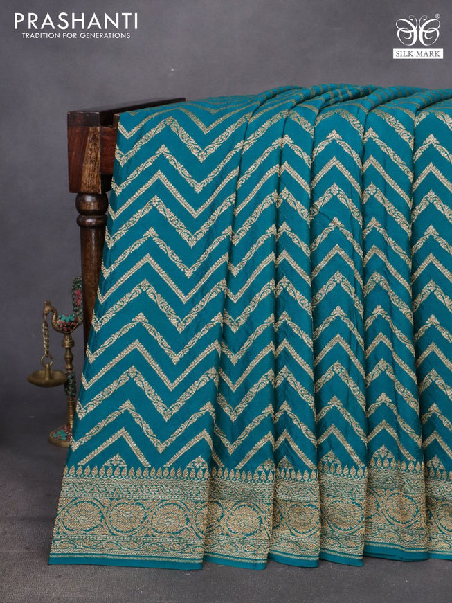 Banarasi crepe saree teal green with allover thread & zari zig zag weaves and woven border