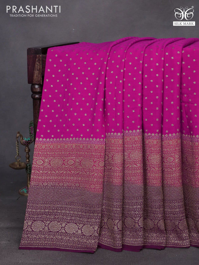 Banarasi crepe saree rani pink and orange wine shade with allover thread & zari woven buttas and long woven border