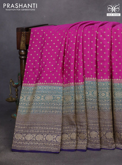 Banarasi crepe saree rani pink and peacock green blue with allover thread & zari woven buttas and long woven border