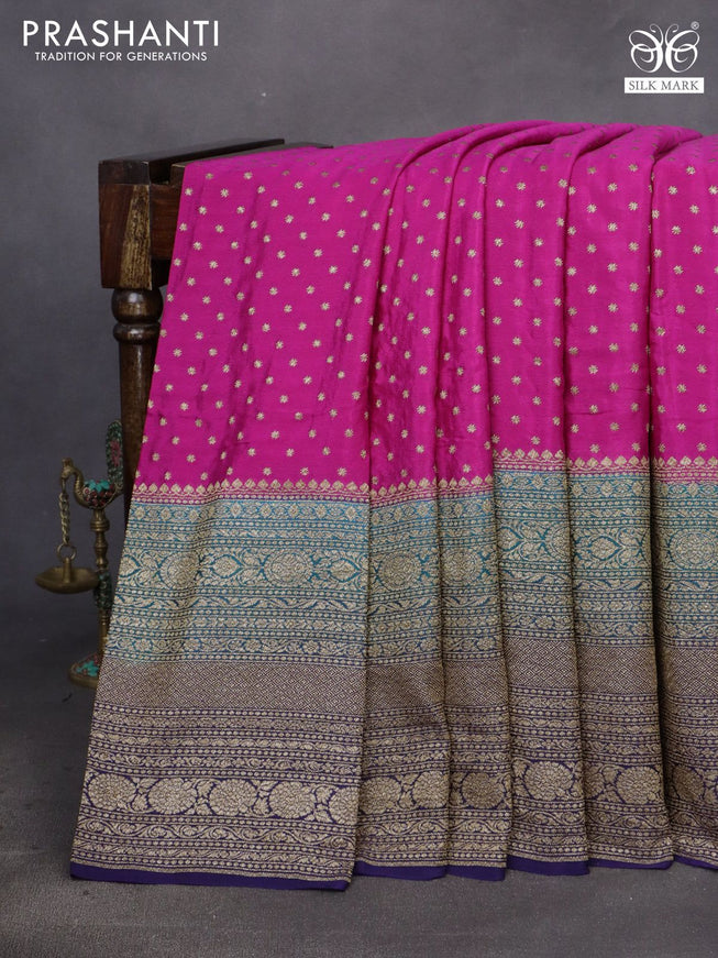 Banarasi crepe saree rani pink and peacock green blue with allover thread & zari woven buttas and long woven border