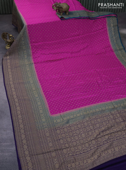 Banarasi crepe saree rani pink and peacock green blue with allover thread & zari woven buttas and long woven border