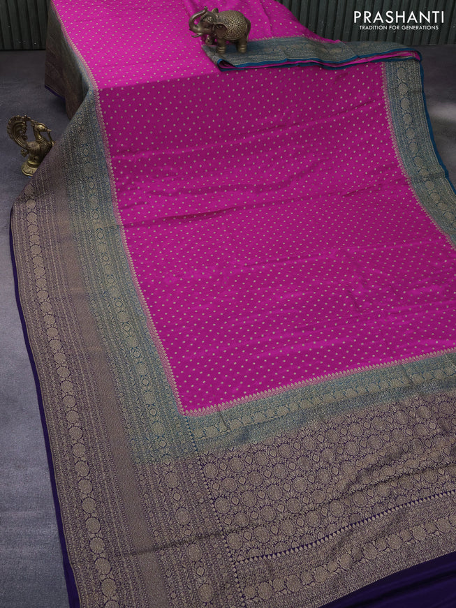 Banarasi crepe saree rani pink and peacock green blue with allover thread & zari woven buttas and long woven border