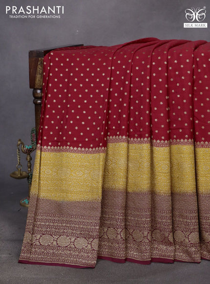 Banarasi crepe saree kukkum red and yellow wine shade with allover thread & zari woven buttas and long woven border