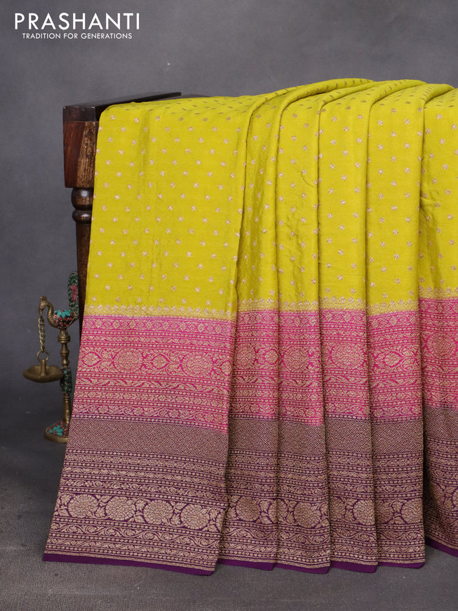 Banarasi crepe saree lime green and pink violet with allover thread & zari woven buttas and long woven border