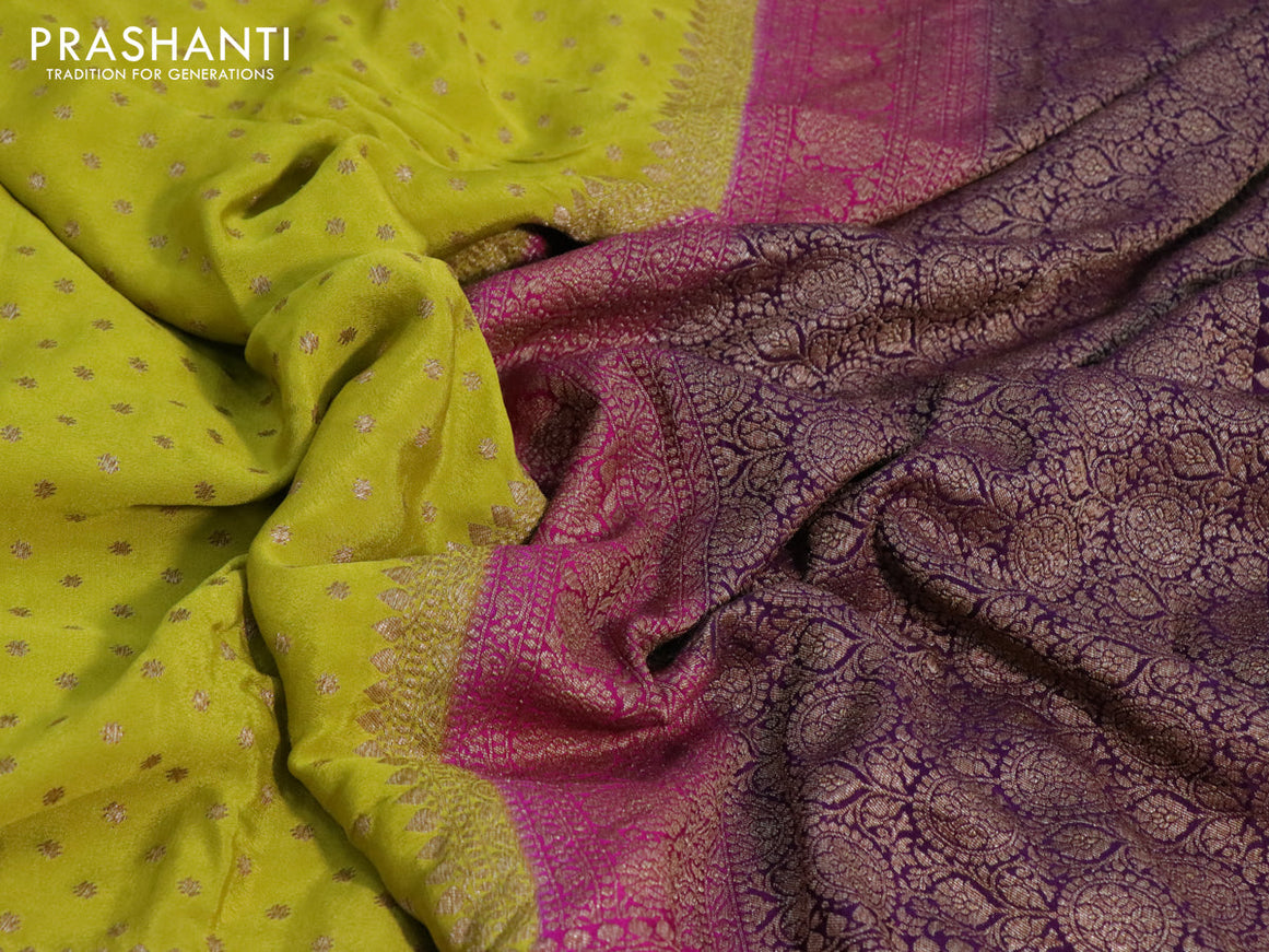 Banarasi crepe saree lime green and pink violet with allover thread & zari woven buttas and long woven border