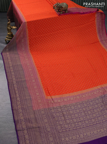 Banarasi crepe saree orange and pink violet with allover thread & zari woven buttas and long woven border