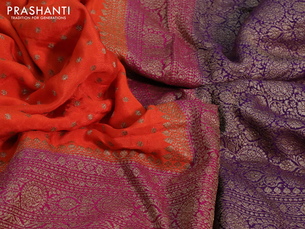 Banarasi crepe saree orange and pink violet with allover thread & zari woven buttas and long woven border