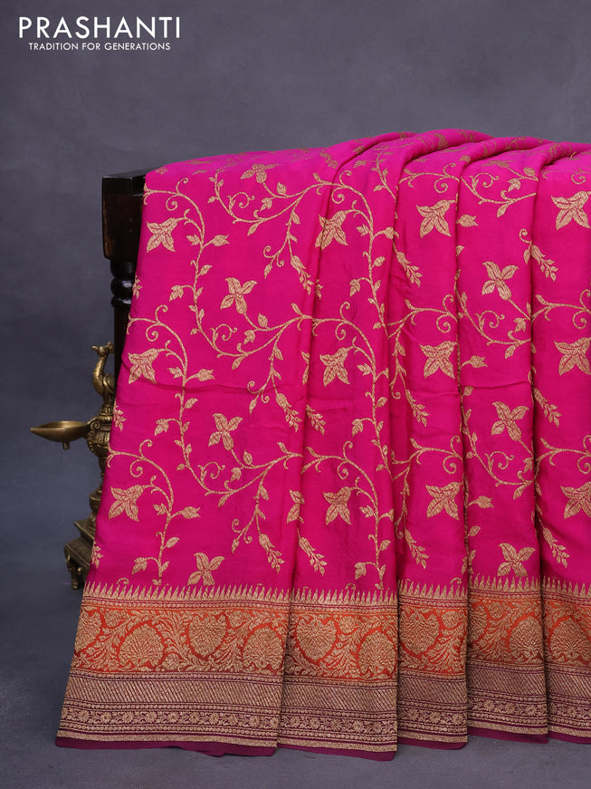 Banarasi crepe saree pink and orange wine shade with allover thread & zari weaves and woven border