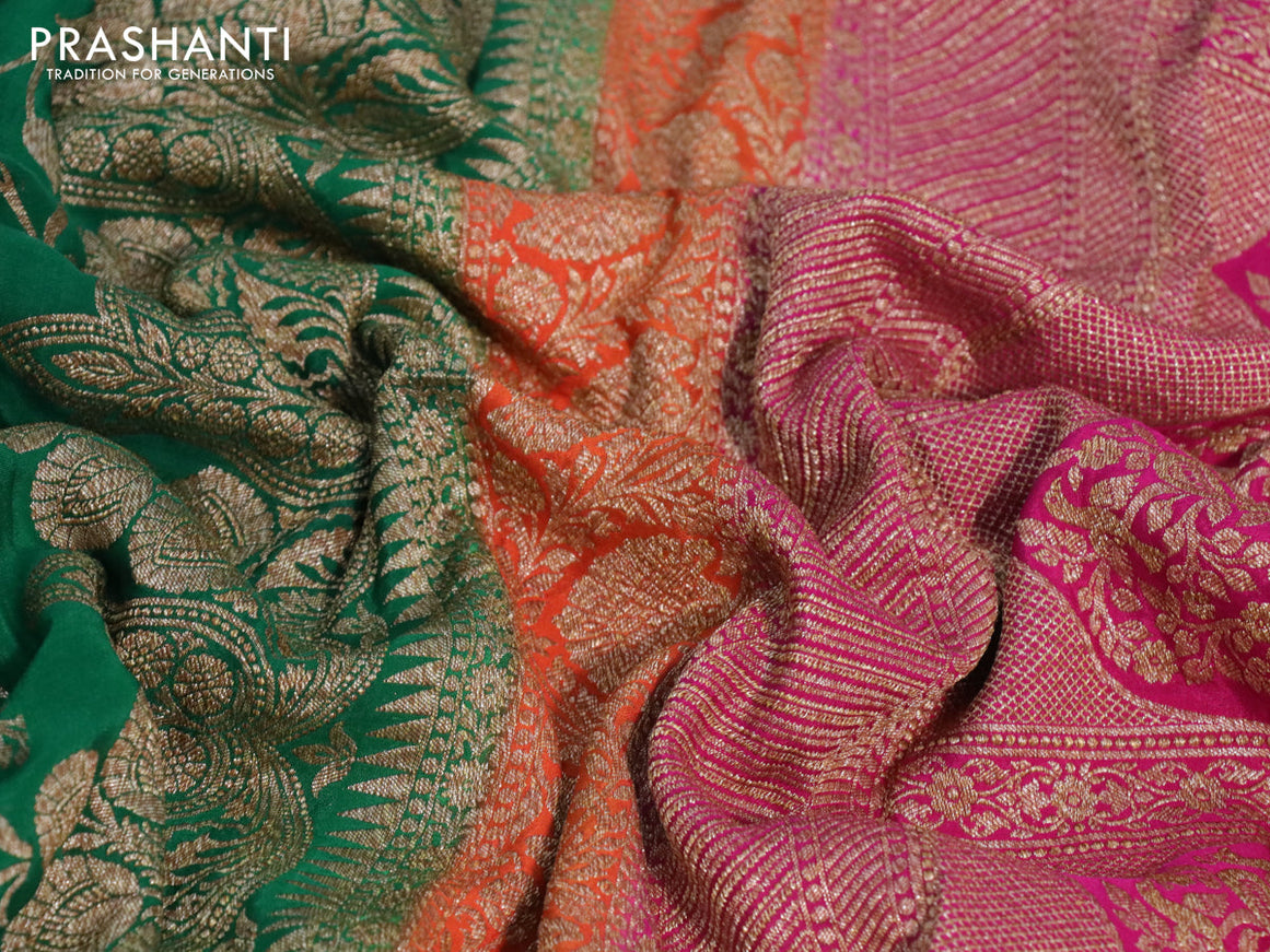 Banarasi crepe saree green and orange pink with allover thread & zari weaves and woven border