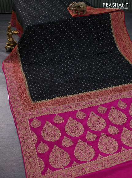 Banarasi crepe saree black and red pink with allover thread & zari woven butta weaves and woven border