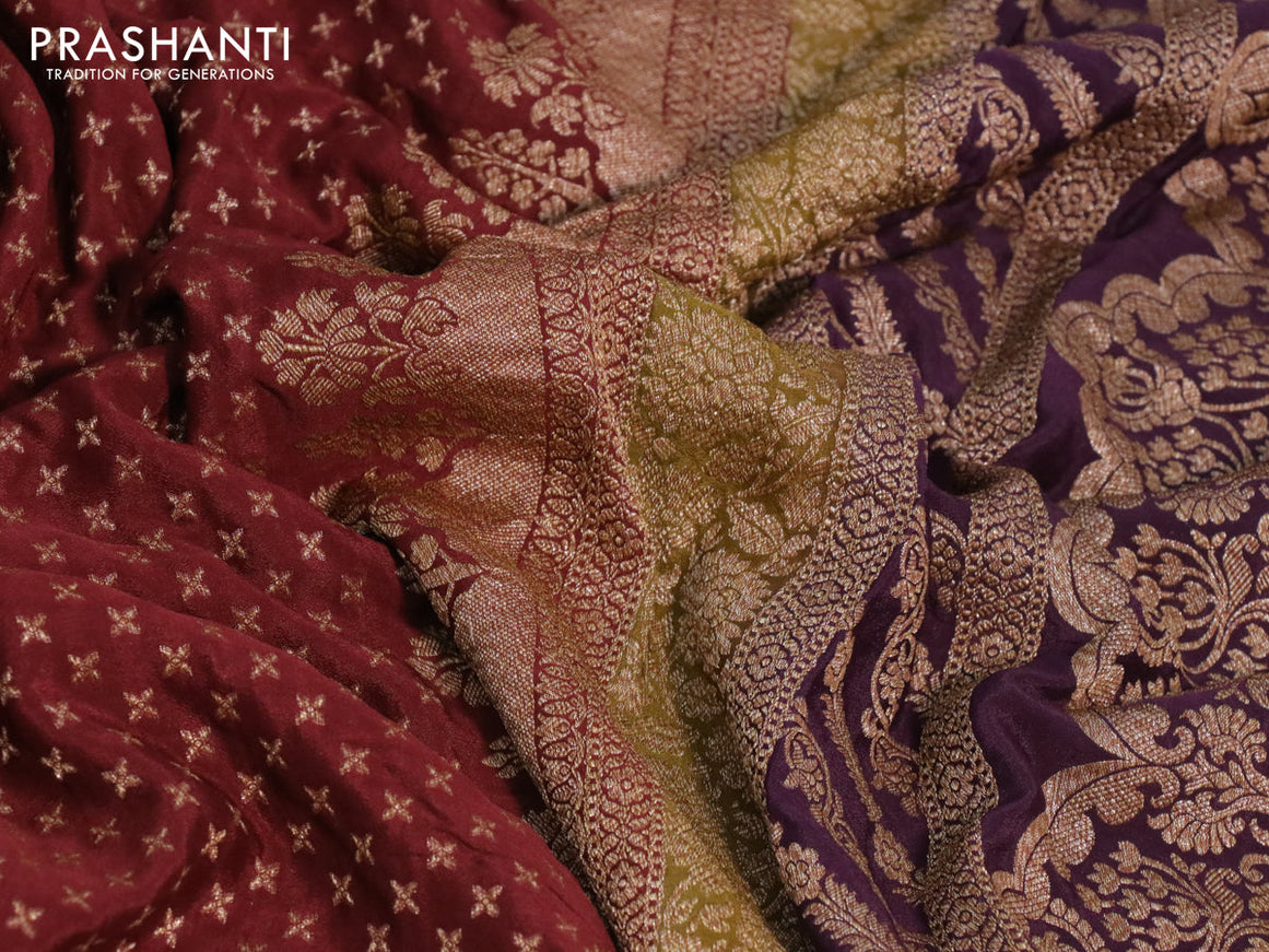 Banarasi crepe saree maroon and mustard shade wine with allover thread & zari woven butta weaves and woven border