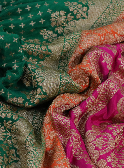 Banarasi crepe saree green and orange pink with allover thread & zari woven butta weaves and woven border