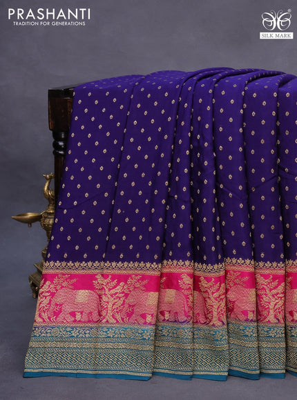 Banarasi crepe saree blue and pink peacock blue with allover thread & zari woven butta weaves and long woven border