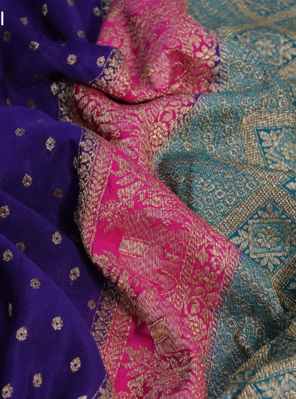 Banarasi crepe saree blue and pink peacock blue with allover thread & zari woven butta weaves and long woven border