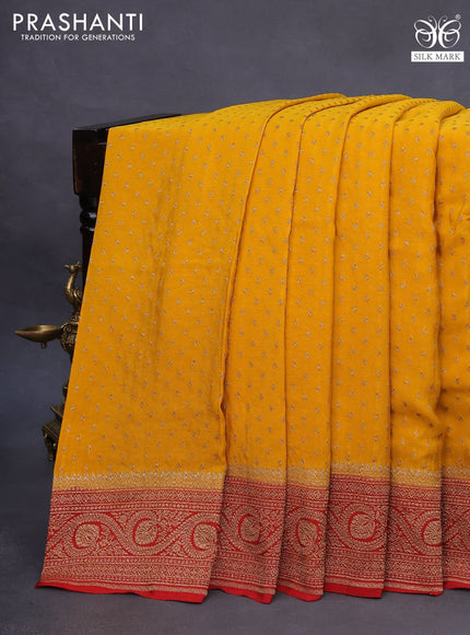 Banarasi crepe saree mango yellow and red with allover thread & zari woven butta weaves and woven border