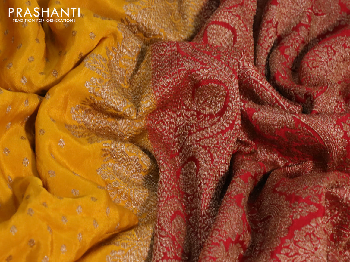 Banarasi crepe saree mango yellow and red with allover thread & zari woven butta weaves and woven border