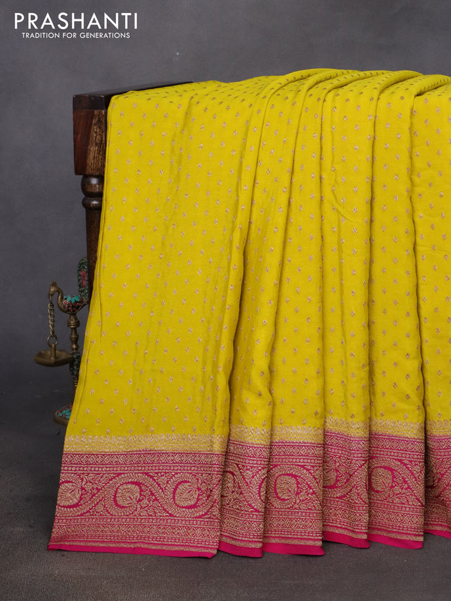 Banarasi crepe saree yellow and pink with allover thread & zari woven butta weaves and woven border