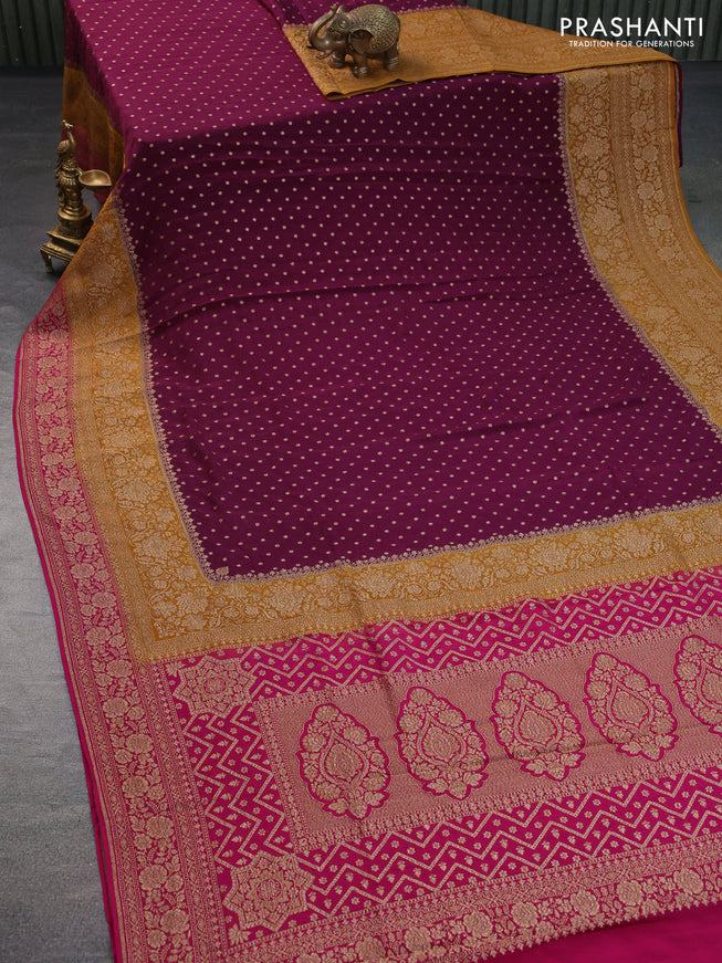 Banarasi crepe saree wine shade and mustard shade pink with allover thread & zari woven butta weaves and long woven border