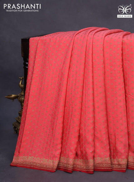 Banarasi crepe saree peach pink and red with allover thread & zari woven butta weaves and woven border