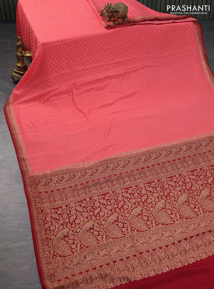 Banarasi crepe saree peach pink and red with allover thread & zari woven butta weaves and woven border