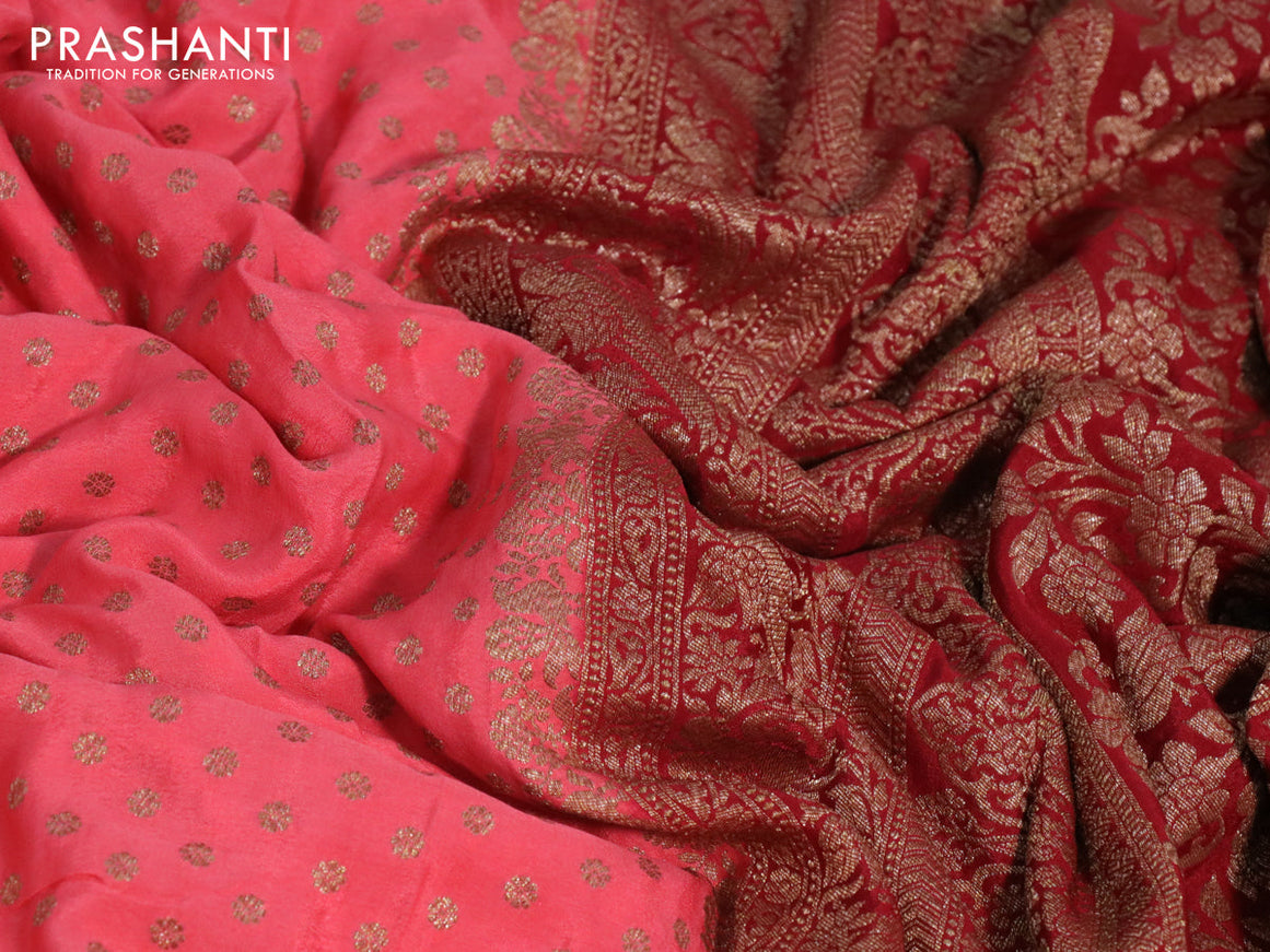 Banarasi crepe saree peach pink and red with allover thread & zari woven butta weaves and woven border