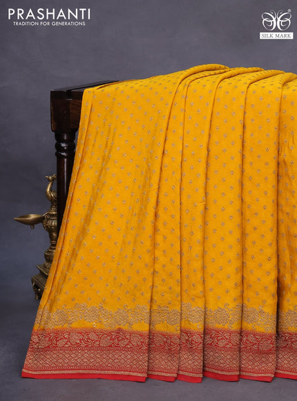 Banarasi crepe saree mango yellow and red with allover thread & zari woven butta weaves and woven border