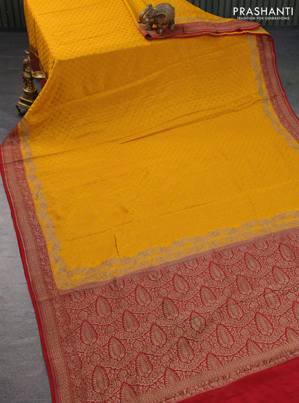 Banarasi crepe saree mango yellow and red with allover thread & zari woven butta weaves and woven border