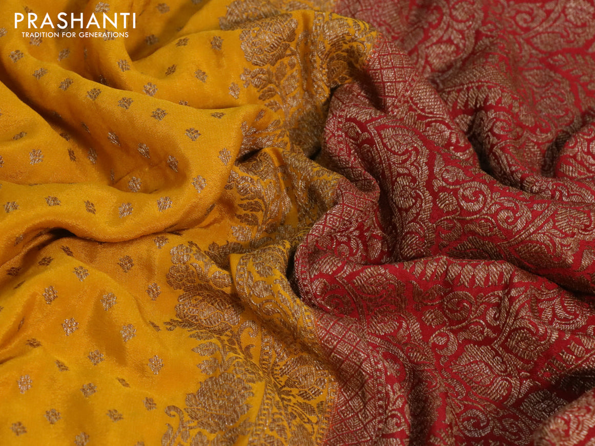 Banarasi crepe saree mango yellow and red with allover thread & zari woven butta weaves and woven border