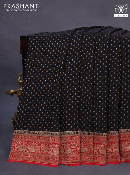 Banarasi crepe saree black and red with allover thread & zari woven butta weaves and woven border