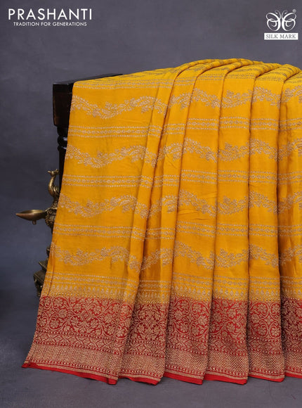 Banarasi crepe saree yellow and red with allover thread & zari weaves and woven border