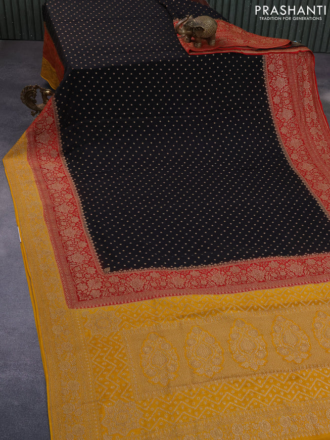 Banarasi crepe saree black and red yellow with allover thread & zari woven butta weaves and long woven border