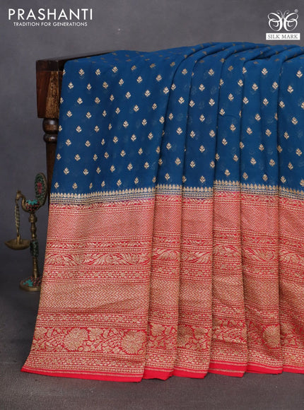 Banarasi georgette saree peacock blue and red with allover thread & zari woven butta weaves and long woven border