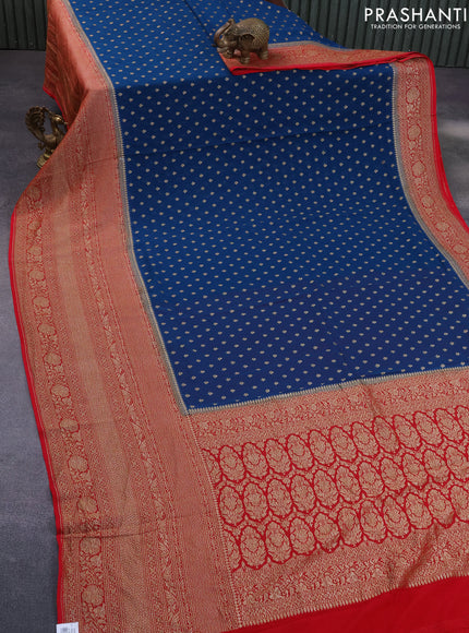 Banarasi georgette saree peacock blue and red with allover thread & zari woven butta weaves and long woven border