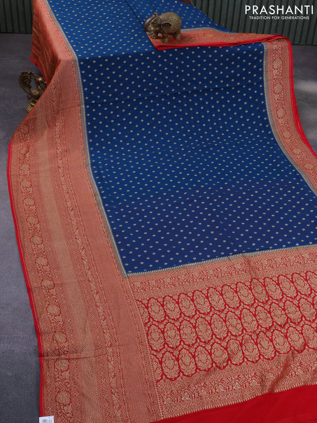 Banarasi georgette saree peacock blue and red with allover thread & zari woven butta weaves and long woven border