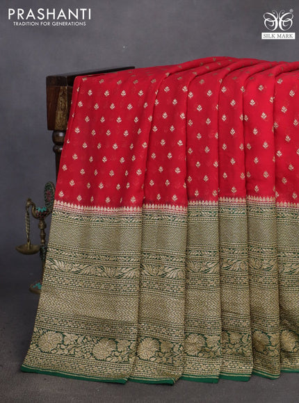 Banarasi georgette saree red and dark green with allover thread & zari woven butta weaves and long woven border