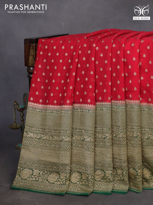 Banarasi georgette saree red and dark green with allover thread & zari woven butta weaves and long woven border