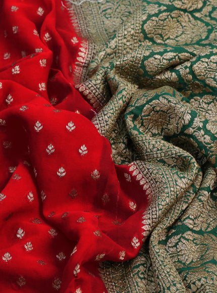 Banarasi georgette saree red and dark green with allover thread & zari woven butta weaves and long woven border