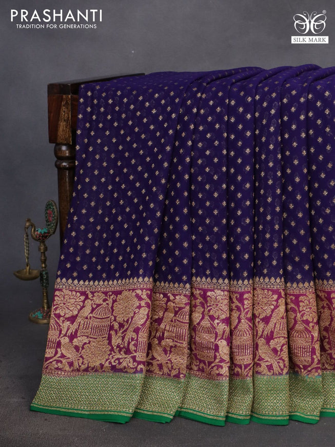 Banarasi georgette saree dark blue and purple green with allover thread & zari weaves and long woven border