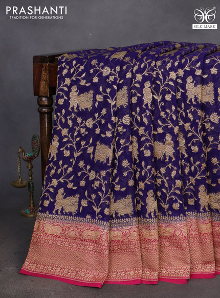 Banarasi georgette saree dark blue and magenta pink with allover thread & zari weaves and woven border