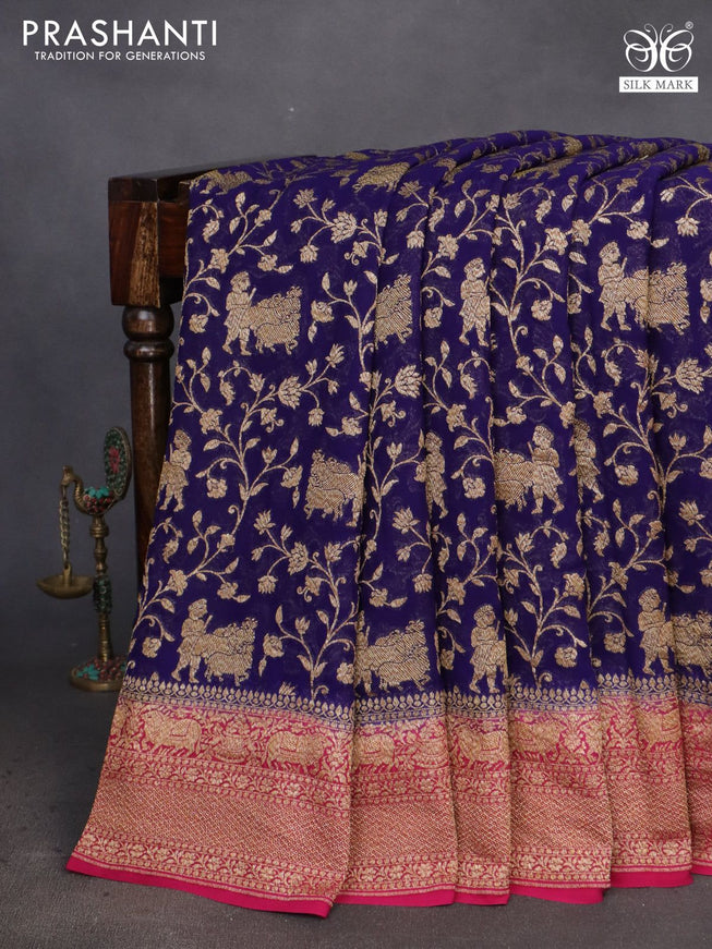 Banarasi georgette saree dark blue and magenta pink with allover thread & zari weaves and woven border