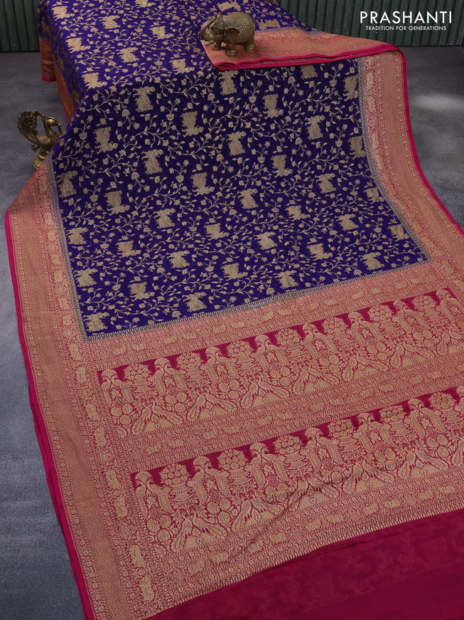 Banarasi georgette saree dark blue and magenta pink with allover thread & zari weaves and woven border