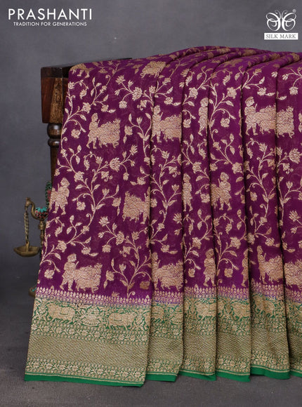 Banarasi georgette saree deep purple and green with allover thread & zari weaves and woven border