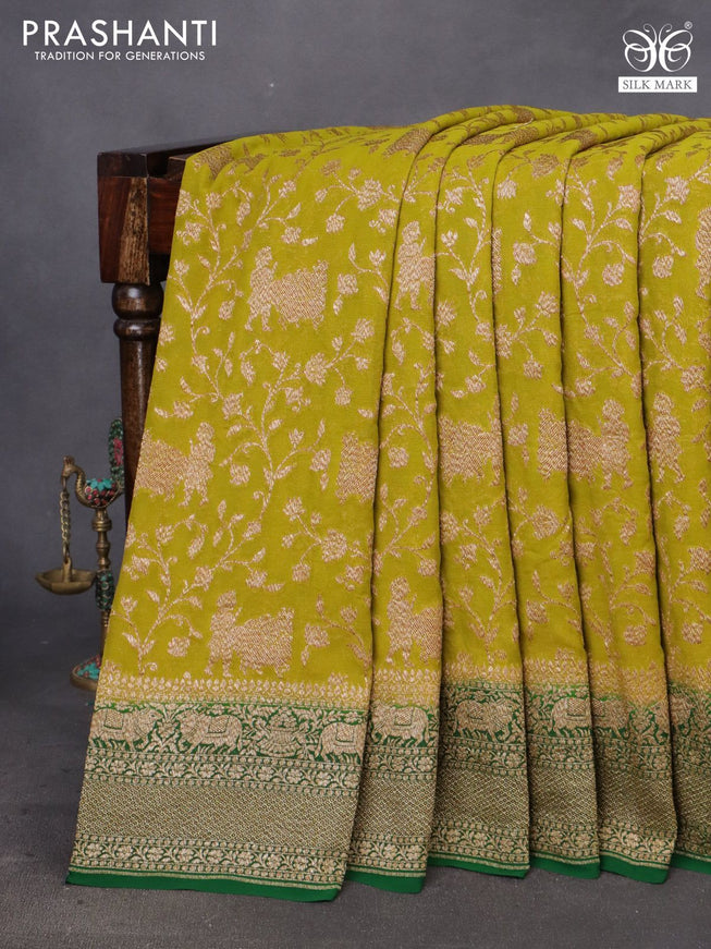 Banarasi georgette saree lime green and green with allover thread & zari weaves and woven border