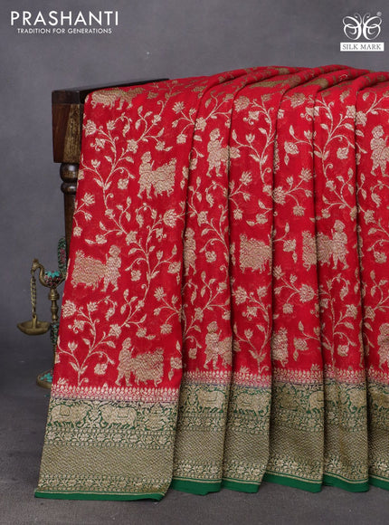 Banarasi georgette saree red and green with allover thread & zari weaves and woven border