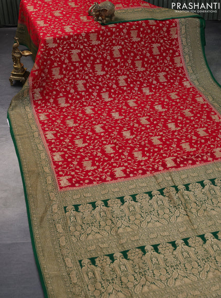 Banarasi georgette saree red and green with allover thread & zari weaves and woven border