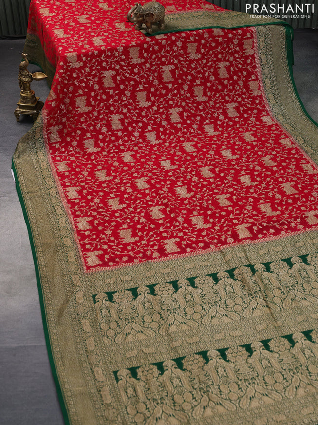 Banarasi georgette saree red and green with allover thread & zari weaves and woven border