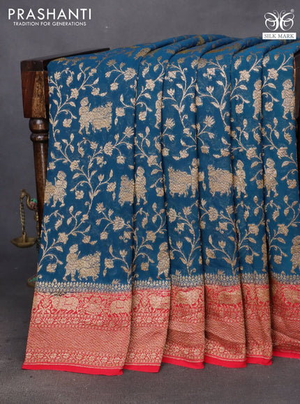 Banarasi georgette saree peacock blue and red with allover thread & zari weaves and woven border