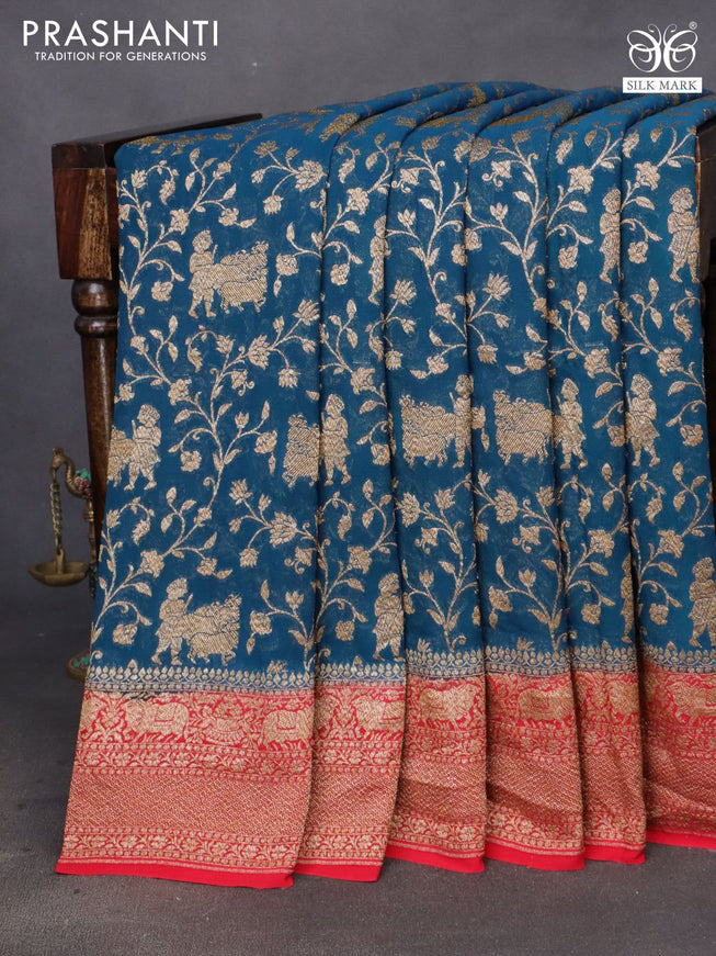 Banarasi georgette saree peacock blue and red with allover thread & zari weaves and woven border