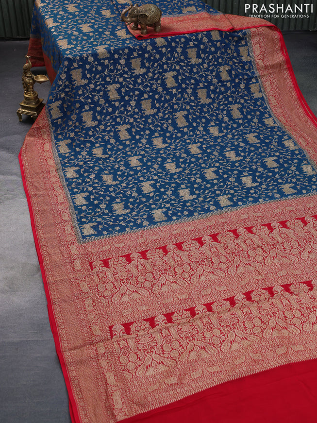 Banarasi georgette saree peacock blue and red with allover thread & zari weaves and woven border