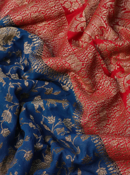 Banarasi georgette saree peacock blue and red with allover thread & zari weaves and woven border